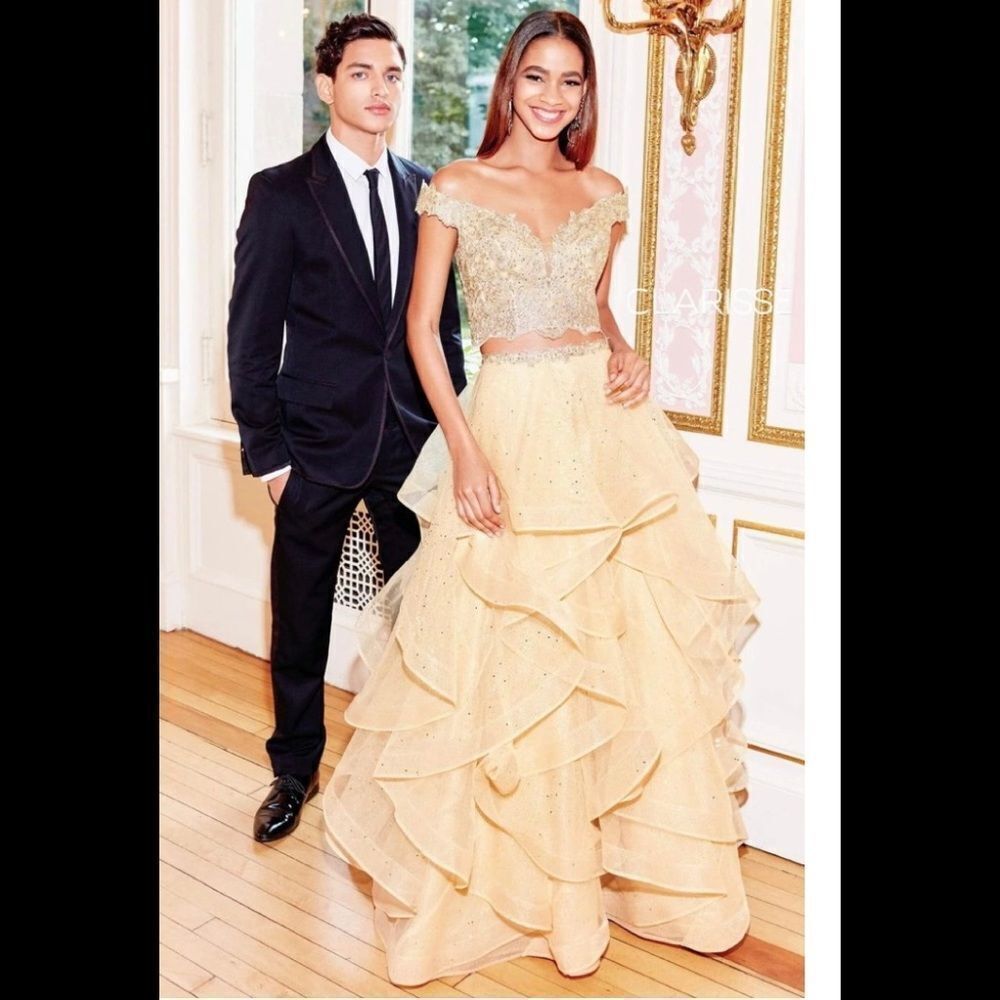 NEW CLARISSE style # 5048 two pieces ruffled gold gown maxi dress 2